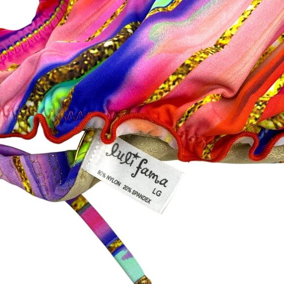 Luli Fama Bellamar Wavy Ruched Back Side Tie Bikini Bottom Size Large Pink Gold - Picture 3 of 4